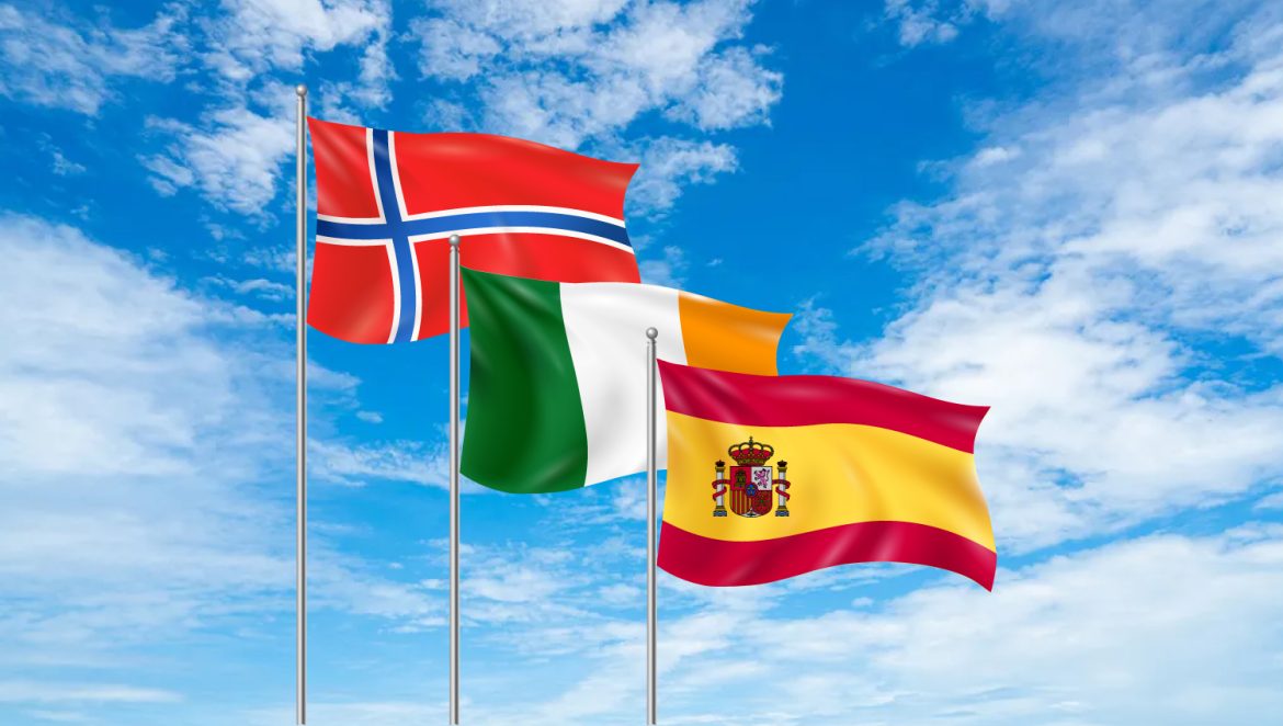 নরওয়ে, আয়ারল্যান্ড ও স্পেনের পতাকা। গ্রাফিক : গালা