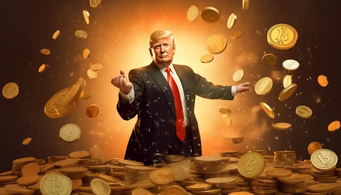 বিটকয়েন পরিবেষ্টিত ডোনাল্ড ট্রাম্প। গ্রাফিক, গালা