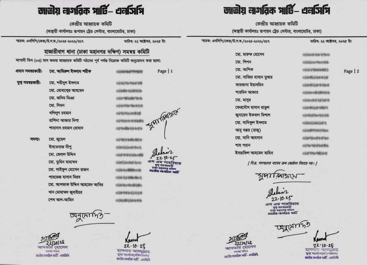 এনসিপির হাজারীবাগ থানা সমন্বয় কমিটি